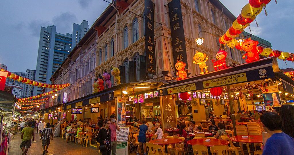 Vibrant street scene in Chinatown, Singapore.