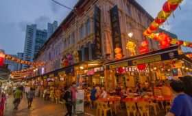 Vibrant street scene in Chinatown, Singapore.